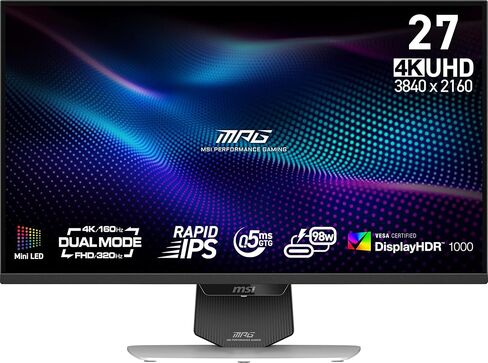 شاشة ألعاب MSI MPG 274URDFW E16M مقاس 27 بوصة 3840 × 2160 (UHD)، 160 هرتز، مزامنة AMD Adaptive Sync، HDR جاهز، HDMI، منفذ VGA، قابل للتركيب، قابل للإمالة، إطار نحيف من 4 جوانب، 0.5 مللي ثانية، أبيض in Saudi Arabia