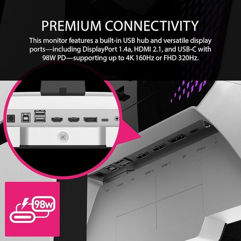 شاشة ألعاب MSI MPG 274URDFW E16M مقاس 27 بوصة 3840 × 2160 (UHD)، 160 هرتز، مزامنة AMD Adaptive Sync، HDR جاهز، HDMI، منفذ VGA، قابل للتركيب، قابل للإمالة، إطار نحيف من 4 جوانب، 0.5 مللي ثانية، أبيض in Saudi Arabia