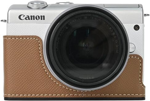 حافظة M200، حقيبة كاميرا من جلد البولي يوريثان، غطاء نصف هيكل لكاميرا Canon Eos M200 مع حزام معصم يدوي (بني) in Kuwait