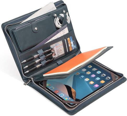 محفظة من الجلد الأصلي من Augus مع سحاب للرجال/النساء، Padfolio Business Resume A4/Pad، منظم المجلدات، مع جيب للمستندات، نافذة لبطاقة الهوية، فتحات للبطاقات، حاملات أقلام (أحمر بني) in Kuwait