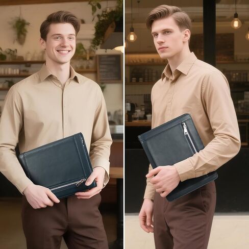 محفظة من الجلد الأصلي من Augus مع سحاب للرجال/النساء، Padfolio Business Resume A4/Pad، منظم المجلدات، مع جيب للمستندات، نافذة لبطاقة الهوية، فتحات للبطاقات، حاملات أقلام (أحمر بني) in Kuwait