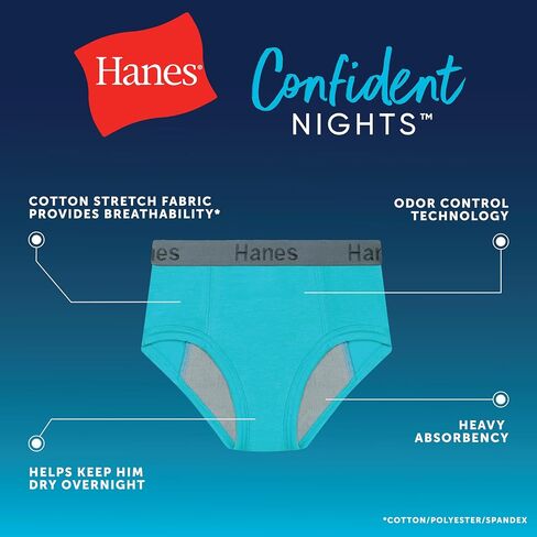 Hanes Boys Nighttime Underwear Pack, 3-Pack, Confident Nights Boy's Overnight Underwear, Kids' Leakproof Underpants in Saudi Arabia