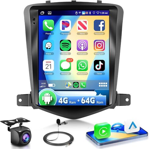 راديو 4G+64G لسيارة Chevy Cruze 2009-2015 ستيريو مع Carplay Android Auto، 5.0 Bluetooth 32EQ، شاشة لمس IPS 9.7 بوصة، FM/RDS GPS WiFi Android 15 AHD كاميرا احتياطية in Kuwait