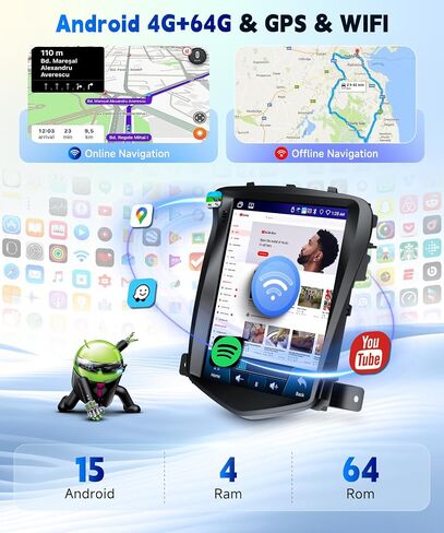راديو 4G+64G لسيارة Chevy Cruze 2009-2015 ستيريو مع Carplay Android Auto، 5.0 Bluetooth 32EQ، شاشة لمس IPS 9.7 بوصة، FM/RDS GPS WiFi Android 15 AHD كاميرا احتياطية in Kuwait
