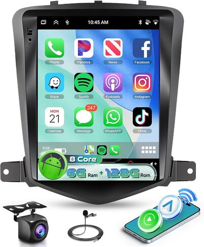 راديو 4G+64G لسيارة Chevy Cruze 2009-2015 ستيريو مع Carplay Android Auto، 5.0 Bluetooth 32EQ، شاشة لمس IPS 9.7 بوصة، FM/RDS GPS WiFi Android 15 AHD كاميرا احتياطية in Kuwait
