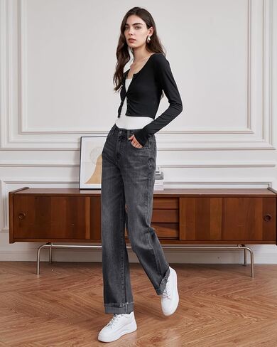 سراويل جينز عالية الخصر ساق مستقيمة الساق فضفاضة ملائمة البطن السيطرة على السراويل الدنيم السراويل العصرية 2025 الموضة in Kuwait