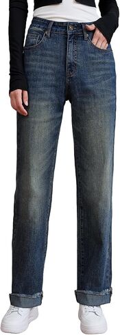 Womens High Waisted Jeans Stretchy Straight Leg Loose Fit Tummy Control Raw Hem Denim Pants Trendy 2025 Fashion in Saudi Arabia