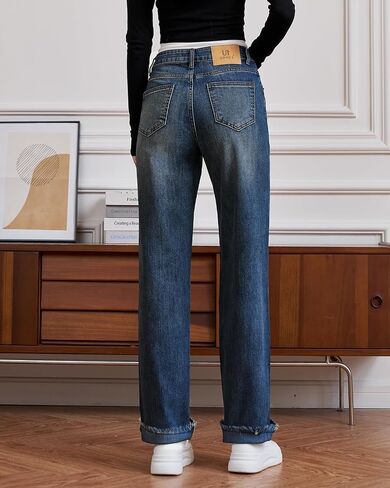 Womens High Waisted Jeans Stretchy Straight Leg Loose Fit Tummy Control Raw Hem Denim Pants Trendy 2025 Fashion in Saudi Arabia