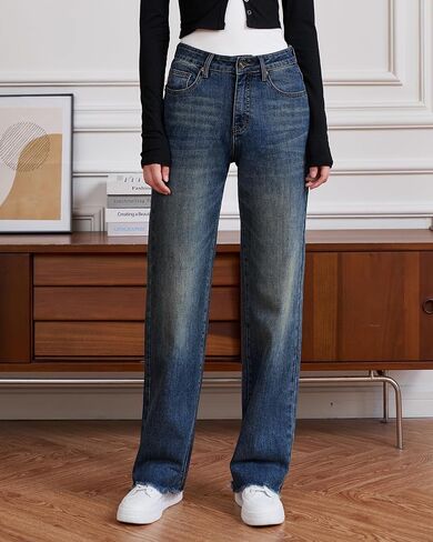 Womens High Waisted Jeans Stretchy Straight Leg Loose Fit Tummy Control Raw Hem Denim Pants Trendy 2025 Fashion in Saudi Arabia