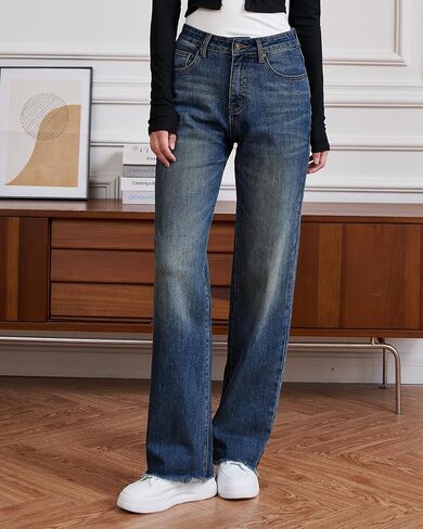 Womens High Waisted Jeans Stretchy Straight Leg Loose Fit Tummy Control Raw Hem Denim Pants Trendy 2025 Fashion in Saudi Arabia
