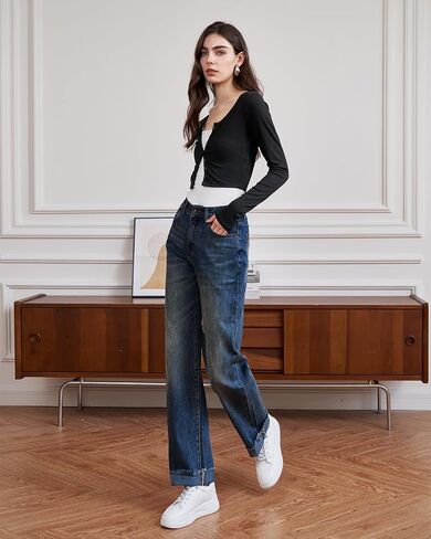 Womens High Waisted Jeans Stretchy Straight Leg Loose Fit Tummy Control Raw Hem Denim Pants Trendy 2025 Fashion in Saudi Arabia