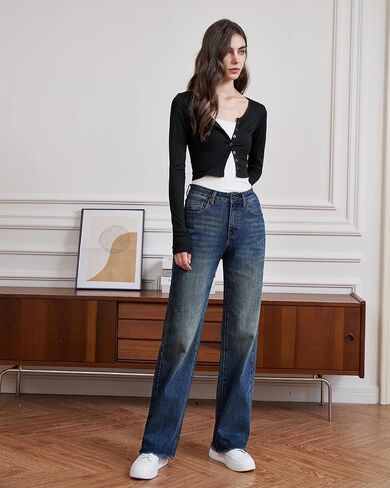 Womens High Waisted Jeans Stretchy Straight Leg Loose Fit Tummy Control Raw Hem Denim Pants Trendy 2025 Fashion in Saudi Arabia