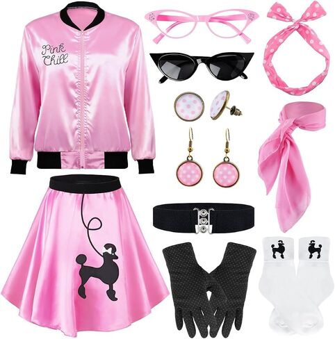 1950s Polka Dot Pink Satin Jacket Set with Accessories Vintage-Inspired 50s Style Skirt Halloween Cosplay in Saudi Arabia