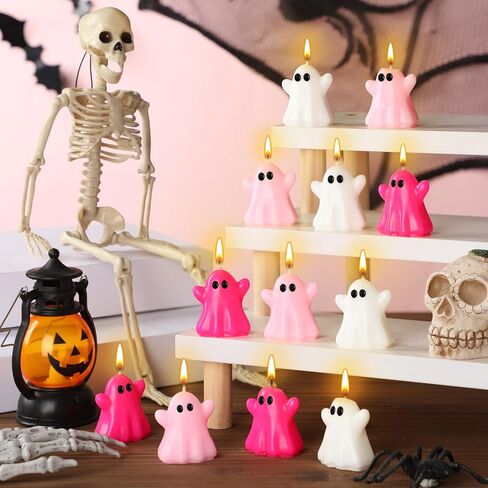 12 Pcs Pastel Halloween Ghost Candles Cute Burning Unscented Wax Candles Ghost Spooky Decor for Halloween Holidays Party Bedroom Table Decorations in Saudi Arabia