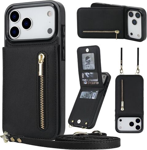 Crossbody Wallet Case for Apple 17 Pro Max, PU Leather Removable Lanyard Flip Folio Zipper with Kickstand Case Cover for iPhone 17 Pro Max.Bag Black in Saudi Arabia