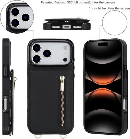 Crossbody Wallet Case for Apple 17 Pro Max, PU Leather Removable Lanyard Flip Folio Zipper with Kickstand Case Cover for iPhone 17 Pro Max.Bag Black in Saudi Arabia