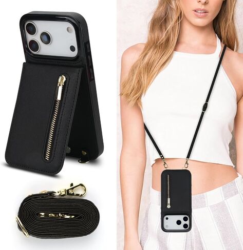 Crossbody Wallet Case for Apple 17 Pro Max, PU Leather Removable Lanyard Flip Folio Zipper with Kickstand Case Cover for iPhone 17 Pro Max.Bag Black in Saudi Arabia