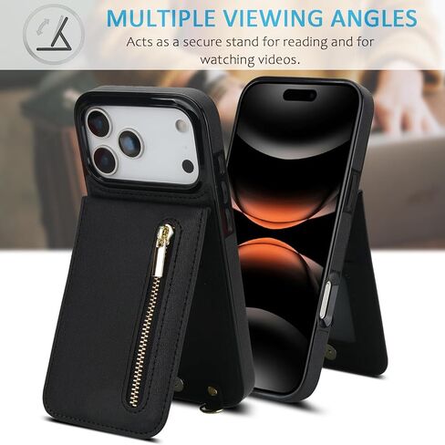 Crossbody Wallet Case for Apple 17 Pro Max, PU Leather Removable Lanyard Flip Folio Zipper with Kickstand Case Cover for iPhone 17 Pro Max.Bag Black in Saudi Arabia