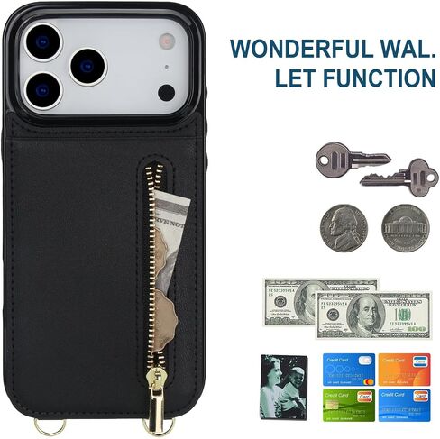 Crossbody Wallet Case for Apple 17 Pro Max, PU Leather Removable Lanyard Flip Folio Zipper with Kickstand Case Cover for iPhone 17 Pro Max.Bag Black in Saudi Arabia