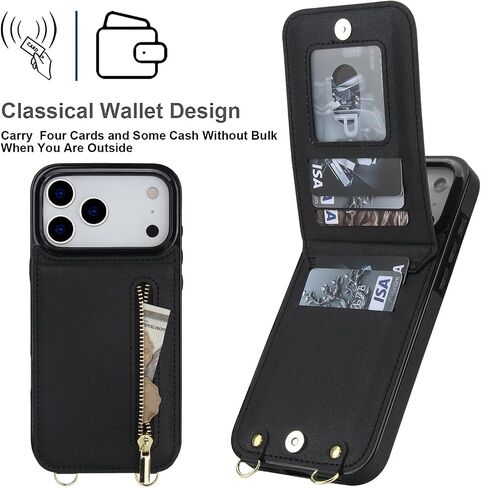Crossbody Wallet Case for Apple 17 Pro Max, PU Leather Removable Lanyard Flip Folio Zipper with Kickstand Case Cover for iPhone 17 Pro Max.Bag Black in Saudi Arabia