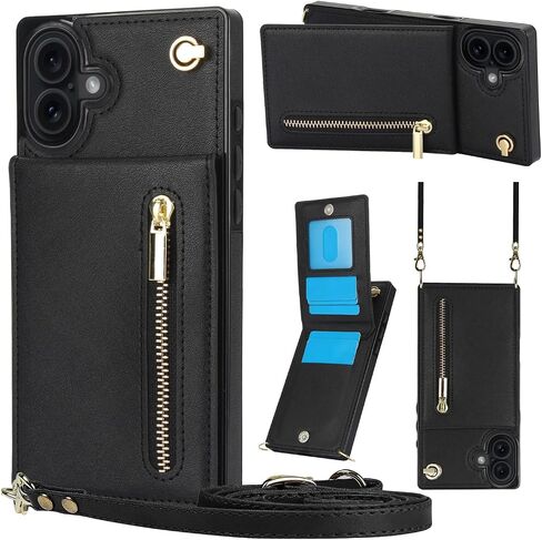 Crossbody Wallet Case for Apple 17 Pro Max, PU Leather Removable Lanyard Flip Folio Zipper with Kickstand Case Cover for iPhone 17 Pro Max.Bag Black in Saudi Arabia
