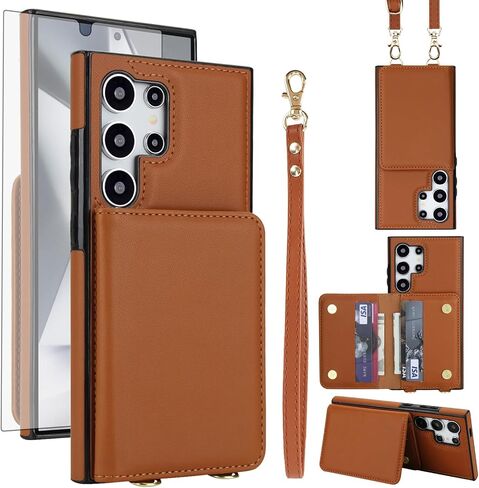 Asuwish Phone Case for Samsung Galaxy S25 Ultra 5G Wallet Cell Cover with Tempered Glass Screen Protector Wrist Crossbody Strap RFID Blocking Card Holder S25Ultra 25S S 25 25Ultra 6.9 2025 Women Brown in Saudi Arabia