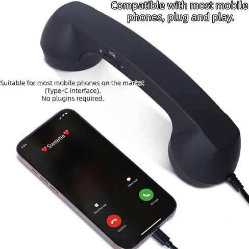 Retro Phone Handset, Cell Phone Receiver with Microphone & Speaker, Type-C Retro Telephone Wired Handsets Style Landline Handle Receiver for Cell Mobile Video Conferences, Calls, Meetings (Black) in Saudi Arabia