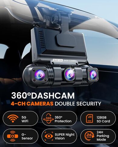كاميرا ENLIK Dash Cam الأمامية والخلفية 360 Dashcam 4 Channel Car Dash Camera للسيارات، QHD 2K+1080P*3 Camara مع بطاقة 128 جيجابايت، تحكم 5G WiFi والتطبيق، رؤية ليلية/مستشعر G، زاوية واسعة 168 درجة، وضع انتظار السيارات in Kuwait