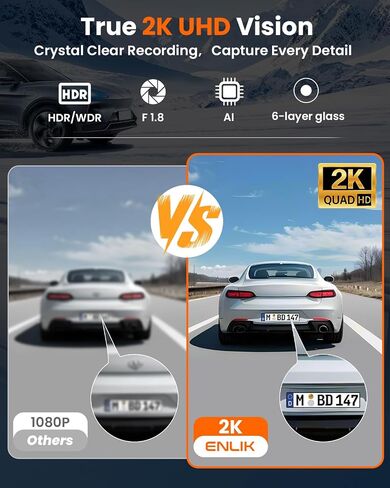 كاميرا ENLIK Dash Cam الأمامية والخلفية 360 Dashcam 4 Channel Car Dash Camera للسيارات، QHD 2K+1080P*3 Camara مع بطاقة 128 جيجابايت، تحكم 5G WiFi والتطبيق، رؤية ليلية/مستشعر G، زاوية واسعة 168 درجة، وضع انتظار السيارات in Kuwait