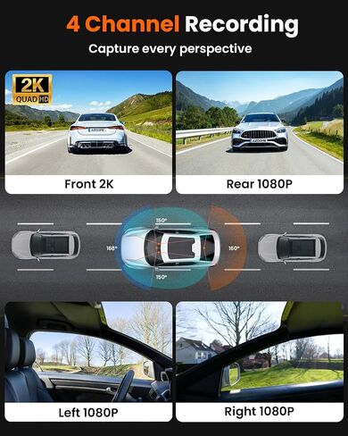 كاميرا ENLIK Dash Cam الأمامية والخلفية 360 Dashcam 4 Channel Car Dash Camera للسيارات، QHD 2K+1080P*3 Camara مع بطاقة 128 جيجابايت، تحكم 5G WiFi والتطبيق، رؤية ليلية/مستشعر G، زاوية واسعة 168 درجة، وضع انتظار السيارات in Kuwait