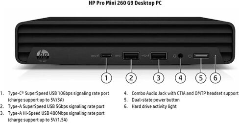 كمبيوتر مكتبي HP 260 G9 Mini Pro، Intel i5-1335U، ذاكرة الوصول العشوائي 32 جيجا، 1 تيرابايت NVMe SSD، 2 شاشة تدعم 4K، HDMI، VGA، USB Type-C، WiFi 6، بلوتوث 5.3، Windows 11 Pro، أسود in Saudi Arabia