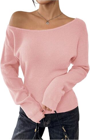 Women's Off The Shoulder Sweater Tops Long Sleeve Ribbed Knit Sweater Pullovers Knitwear Trendy in Saudi Arabia