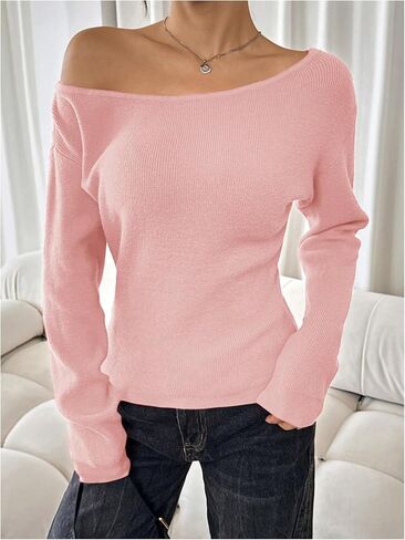 Women's Off The Shoulder Sweater Tops Long Sleeve Ribbed Knit Sweater Pullovers Knitwear Trendy in Saudi Arabia