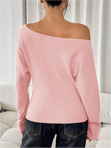 Women's Off The Shoulder Sweater Tops Long Sleeve Ribbed Knit Sweater Pullovers Knitwear Trendy in Saudi Arabia