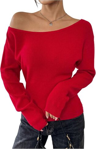 Women's Off The Shoulder Sweater Tops Long Sleeve Ribbed Knit Sweater Pullovers Knitwear Trendy in Saudi Arabia