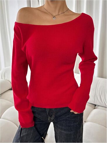 Women's Off The Shoulder Sweater Tops Long Sleeve Ribbed Knit Sweater Pullovers Knitwear Trendy in Saudi Arabia