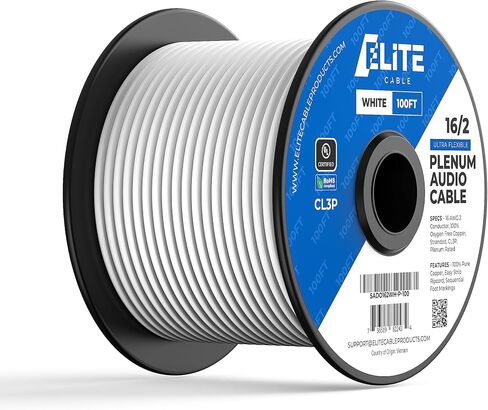 كابل سلك مكبر صوت Elite 16/2، موصل 16AWG/2، مجدول، مدرج في قائمة UL، CMP/CL3P، كامل/في الحائط، 100% من النحاس النقي الخالي من الأكسجين (OFC)، 1000 قدم، أبيض in Kuwait