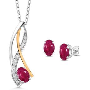 Gem Stone King 925 Silver and 10K Yellow Gold Oval 6X4MM Gemstone Birthstone and Lab Grown Diamond Pendant Necklace Earrings Set for Women with 18 Inch Chain
