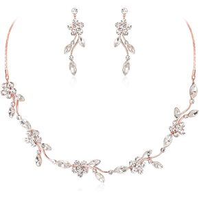 Crysdue Flower Bride Jewelry Set for Women Bridesmaid, Elegant Czech Diamond Floral Leaf Statement Necklace Dangle Earrings Set for Wedding Prom Party