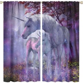 Unicorn Forest Curtains Fantasy Wild Animal Tree Kids Girls Bedroom Decor Printed Rod Pocket Blackout Window Drapes for Living Room Kitchen W42 x L45