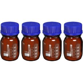PATIKIL 100mL Reagent Media Bottle, 4Pcs Round Graduated Glass Storage Bottle Blue Screw Cap for Chemistry Lab Universities Home, Amber