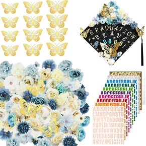 Hanaive 102 Pcs Handmade Graduation Cap Decoration Kit Includes 80 Pcs Assorted Flower Heads 12 Pcs 3D Butterflies Decorations 10 Sheets Glitter Number Letter Stickers for Cap DIY (Blue, White)