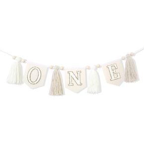 Creamy White Tassel Banner for 1st Birthday - Boho Tassel Garland with Wood Bead，White High Chair Banner ，First Birthday Tassel Wreath for Highchair，Wall Hangings Decorative for Kids Bedroom Nursery