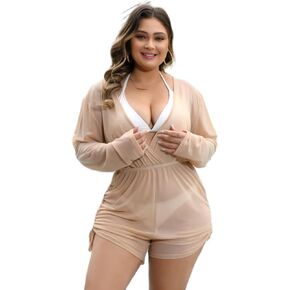 seamoly Women's Plus Size Swimsuit Mesh Cover Up Romper Deep V Neck Long Sleeve Coverup Romper One Piece