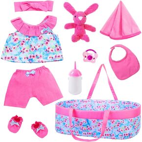 Ecore Fun 10 Pcs Reborn Baby Doll Clothes with Bassinet for 17-22 Inch Baby Dolls, Baby Doll Clothing Outfis Accessories fit 17"-22" Newborn Baby Doll