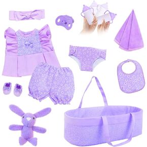 18INDC 11 Pcs Baby Doll Clothes with Purple Floral Design Baby Doll Bassinet & Accessories for 17-22 Inch Baby Doll, Baby Doll Clothes Outfit Accessories Fit Reborn Baby Doll
