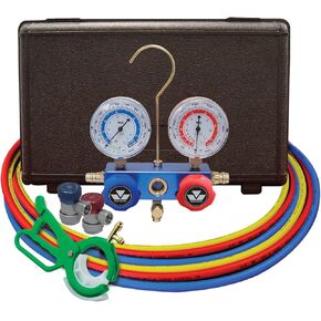 Mastercool R134a and R12 Dual Aluminum Manifold Gauge Set with 2 Sets 60" Hoses, Manual Couplers and Side Mount Can Tap Valve Packaged in a Plastic Case, 98661-PRO, Blue