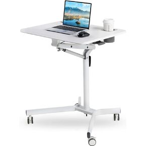 Mobile Sit Stand Desk - Height Adjustable Standing Laptop Desk Cart Rolling Couch Table on Wheels White Workstation with Gas Spring Riser for Home Office Classroom