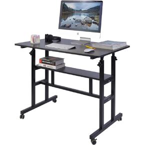 AIZ Mobile Standing Desk, Adjustable Computer Desk Rolling Laptop Cart on Wheels Home Office Computer Workstation, Portable Laptop Stand Tall Table for Standing or Sitting, Black, 39.4" x 23.6"