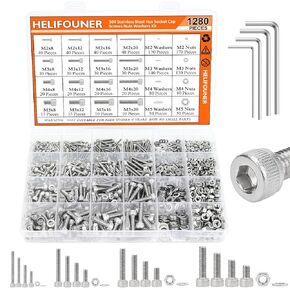 HELIFOUNER 1280 Pieces Button Head Socket Cap Screw Bolts, Flat Washers and Nuts Assortment Kit, 10.9 Grade Alloy Steel, Full Thread (M2 M3 M4 M5)